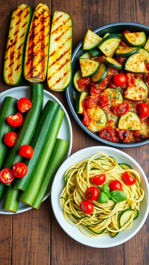 Four Delicious Ways to Prepare Zucchini Four zucchini dishes: grilled, sautéed, baked parmesan, and zucchini noodles on a wooden table.